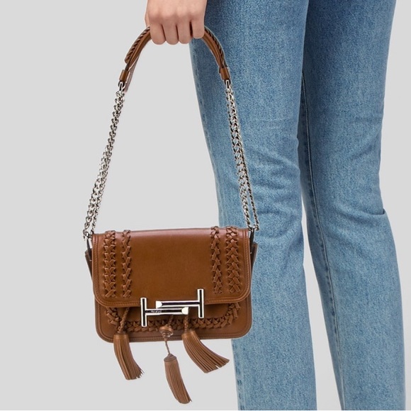 $2,595 Tod's Cognac Leather Mini Double T Tassel Crossbody Bag Fringe Stiched - Picture 3 of 5